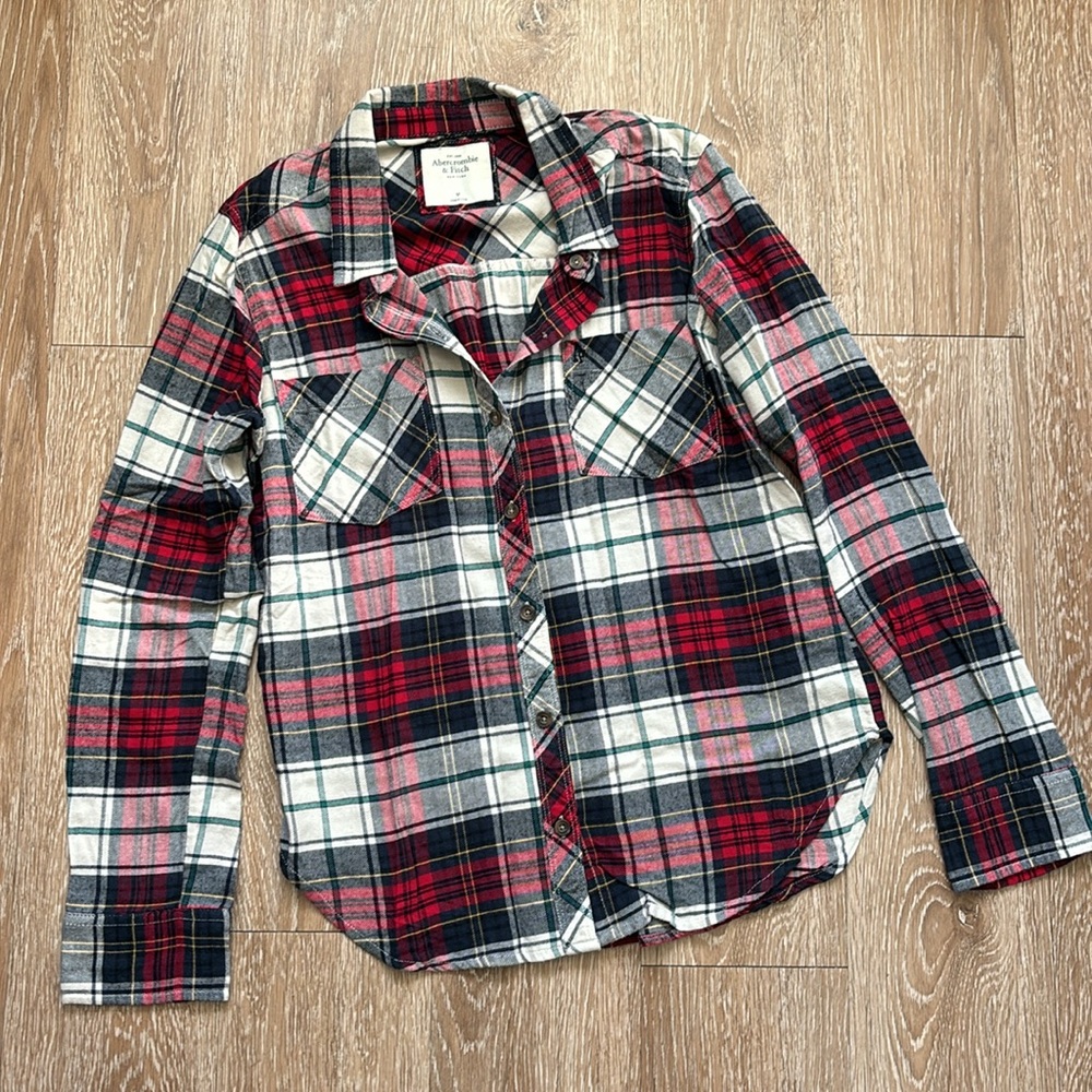 Abercrombie & Fitch cream/red/green tartan/plaid flannel shirt, medium